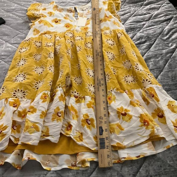 Melloday Floral Yellow & White Tiered Dress Square Neck & Ruffled Boho flowy L - Picture 6 of 13